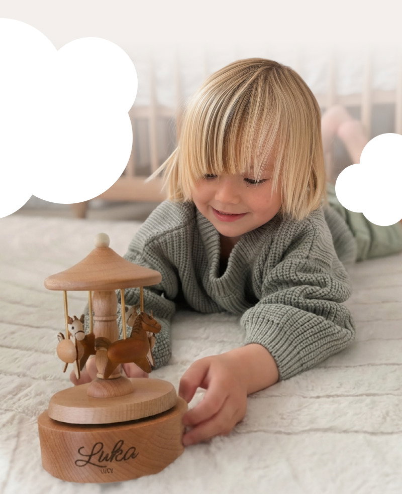 Child playing with a wooden carousel on the floor in a softly lit nursery setting beneath the heading Why We Choose Quiet Play.