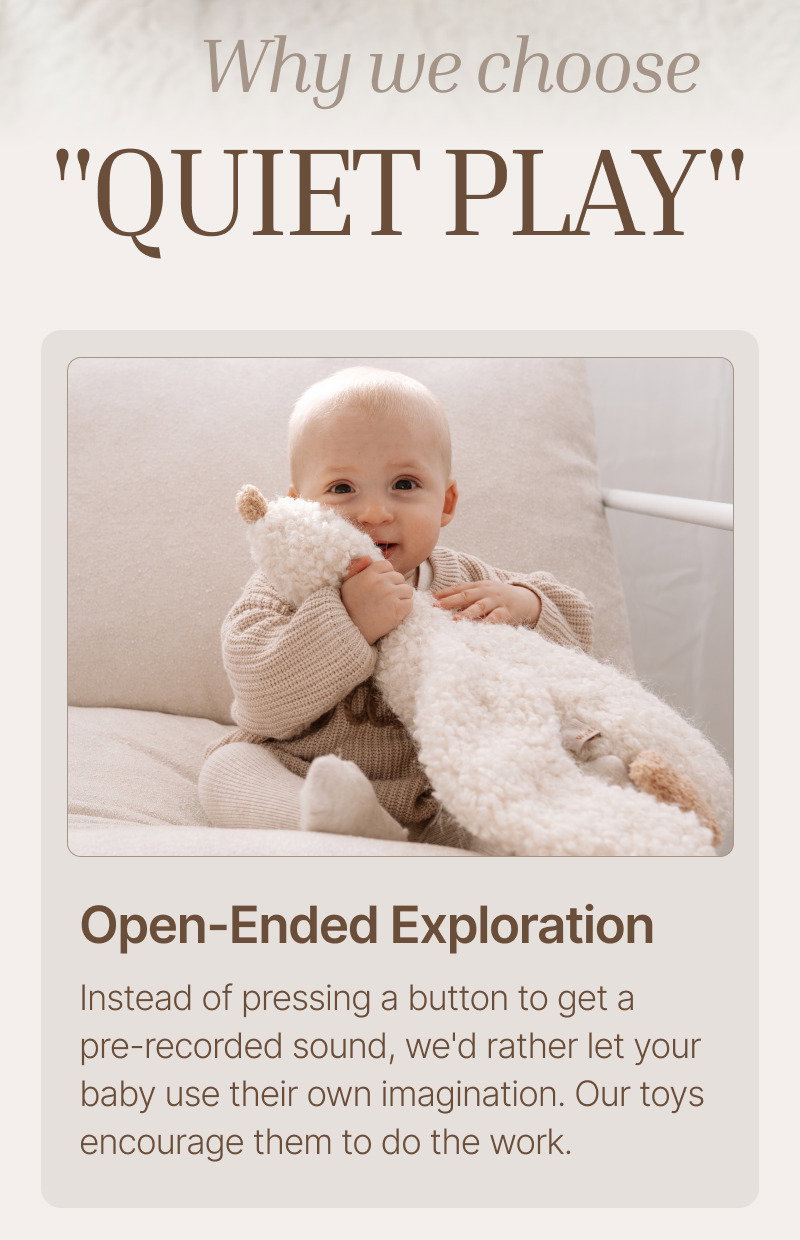 Baby holding a plush toy while seated on a soft blanket, accompanied by text about open-ended exploration and imaginative play.