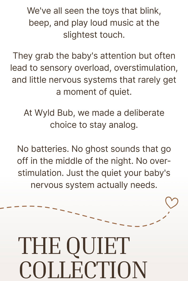 Brown text section describing quiet play, low-stimulation environments, and the value of simple toys that encourage imagination.