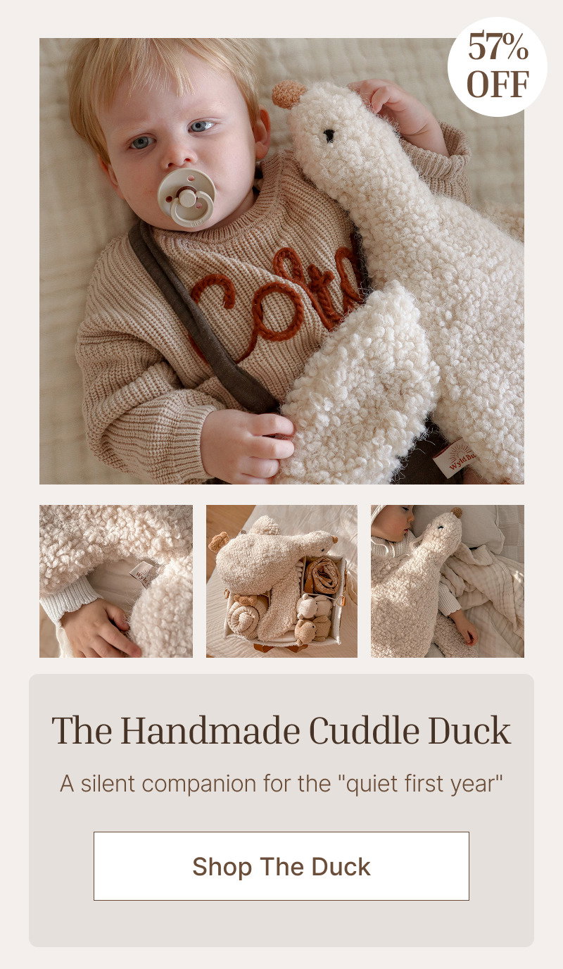 Baby cuddling a plush duck toy, shown alongside smaller lifestyle photos and product information.