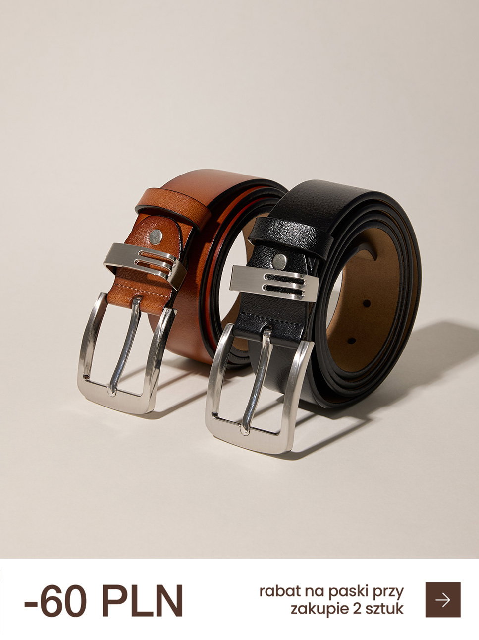 Two leather belts, one brown and one black, with a discount offer of 60 PLN.
