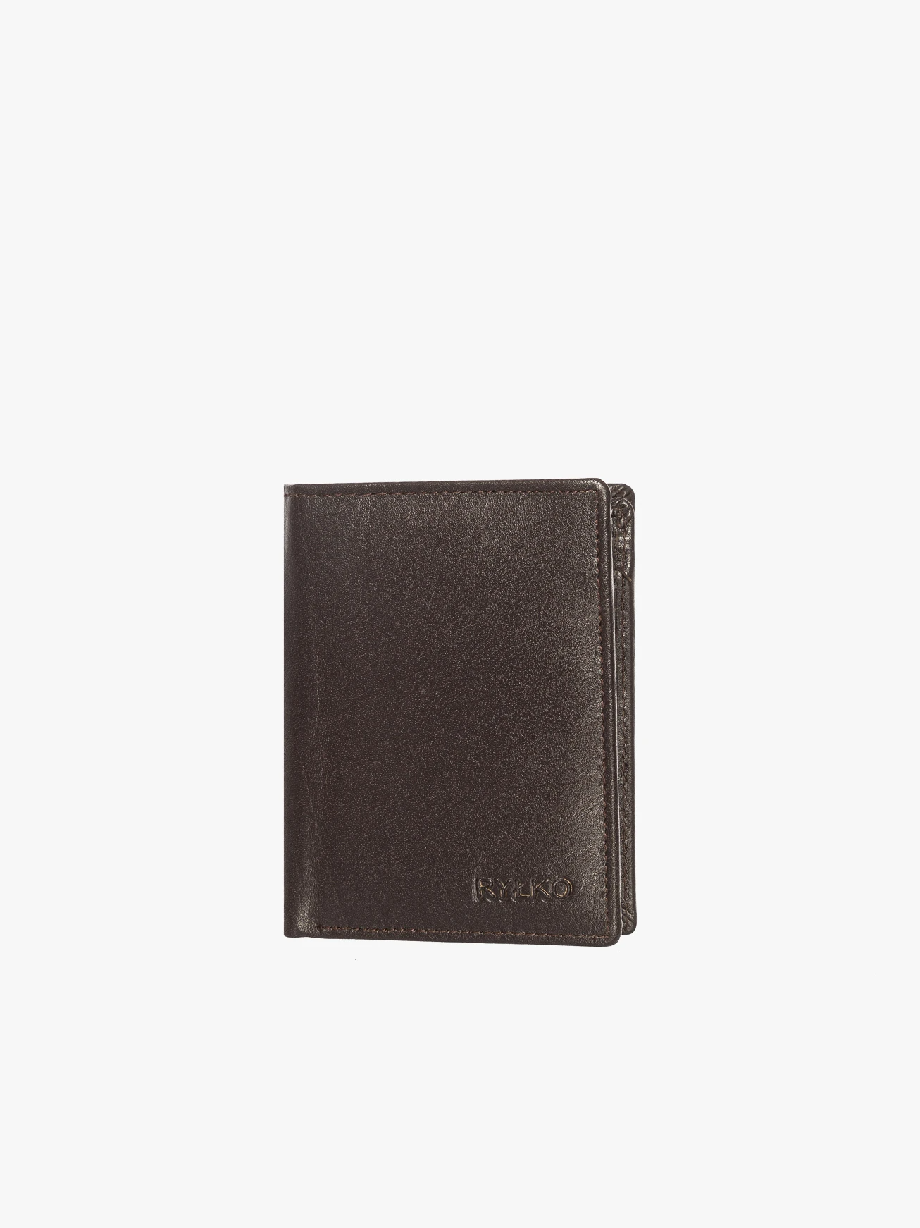 Elegant dark brown leather wallet with embossed logo on white background.