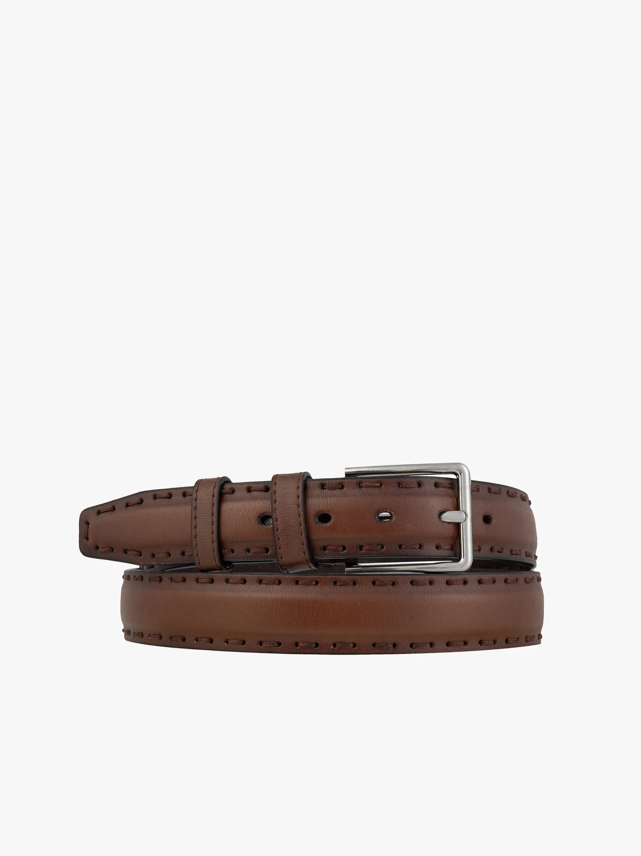 Brown leather belt with stitched detailing and silver buckle on white background