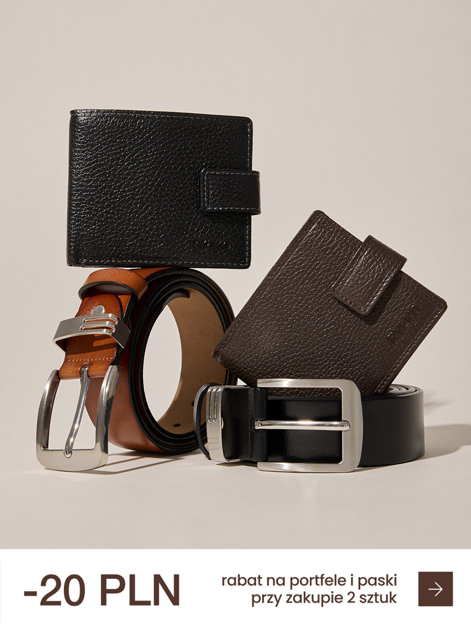 Leather wallets and belts with a 20 PLN discount offer in Polish.