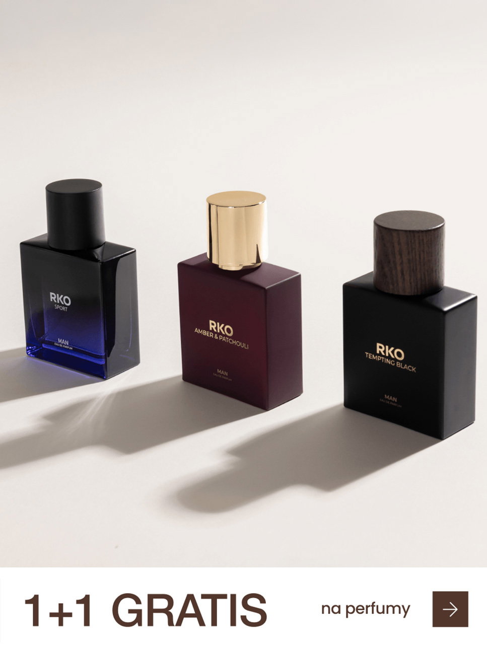 Three RKO perfumes with a 1+1 free offer, featuring Sport, Amber & Patchouli, and Tempting Black.