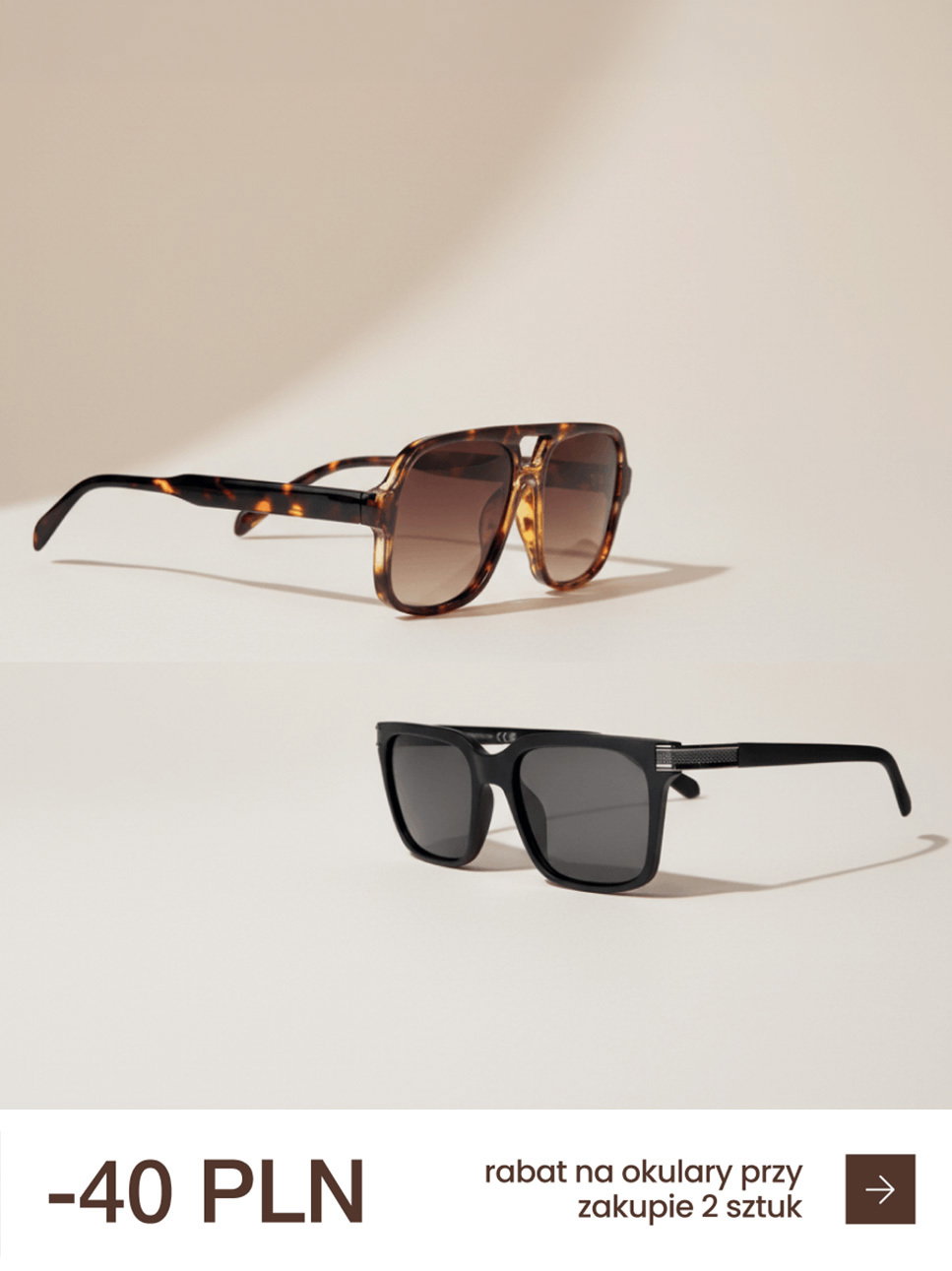Two pairs of sunglasses with a discount offer of 40 PLN for purchasing two items.