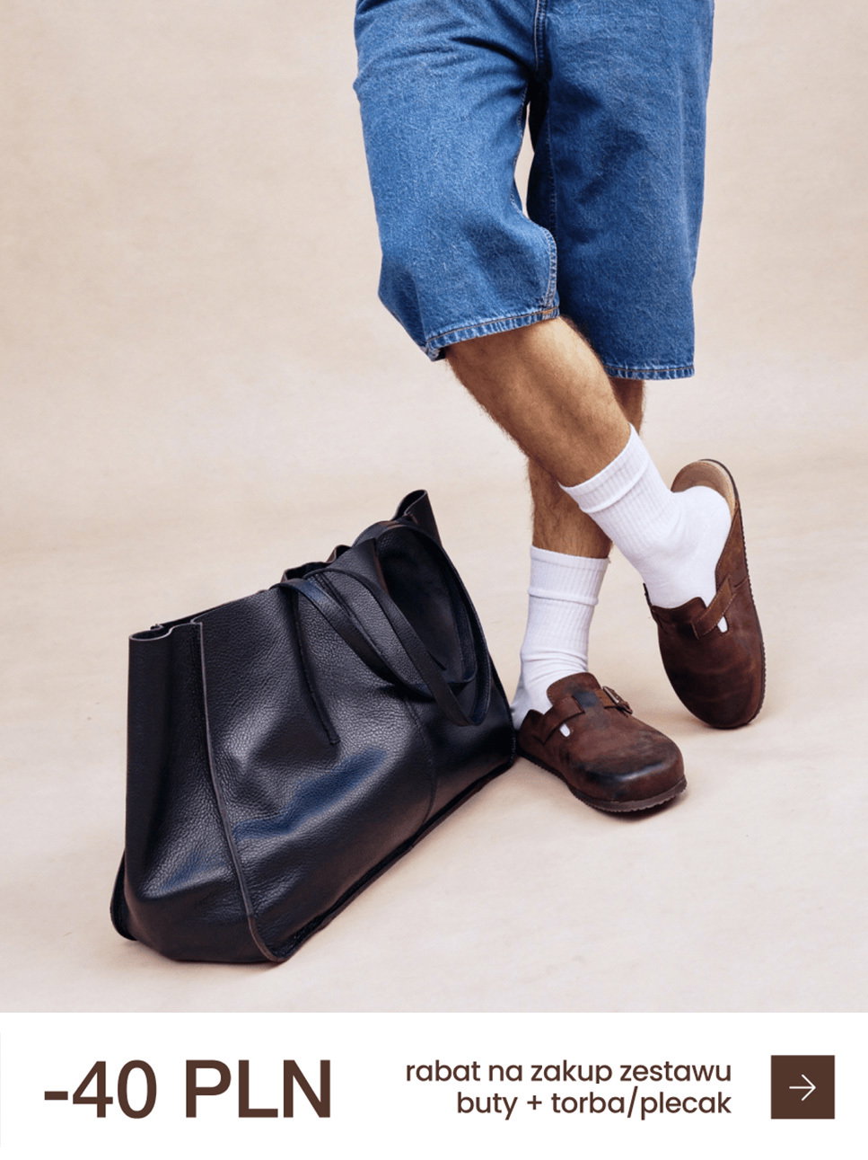 Man in denim shorts with brown shoes and black leather bag, discount offer in Polish