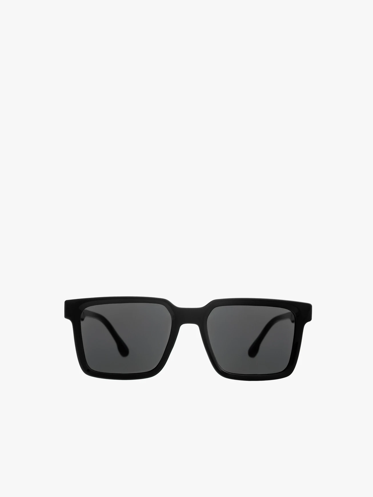 Black rectangular sunglasses with dark lenses on white background