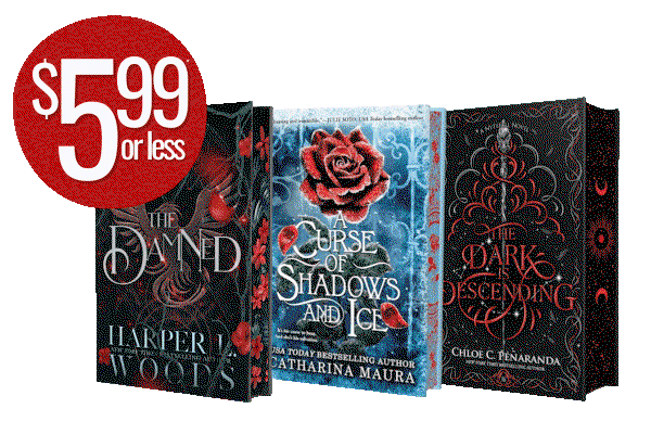 Book Outlet graphic promoting sprayed-edge fantasy books priced at $5.99 or less, featuring The Damned, A Curse of Shadows and Ice, and The Dark Is Descending.