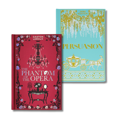 Book Outlet graphic featuring collectible edition classics The Phantom of the Opera by Gaston Leroux and Persuasion by Jane Austen.
