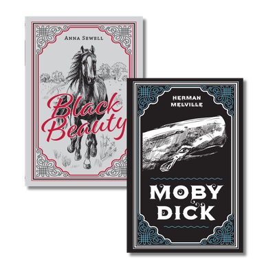 Book Outlet graphic featuring classic literature titles Black Beauty by Anna Sewell and Moby-Dick by Herman Melville.