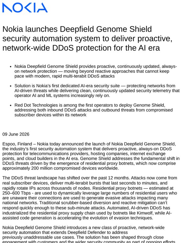 Nokia launches Deepfield Genome Shield security automation system to deliver proactive, network-wide DDoS protection for the AI era