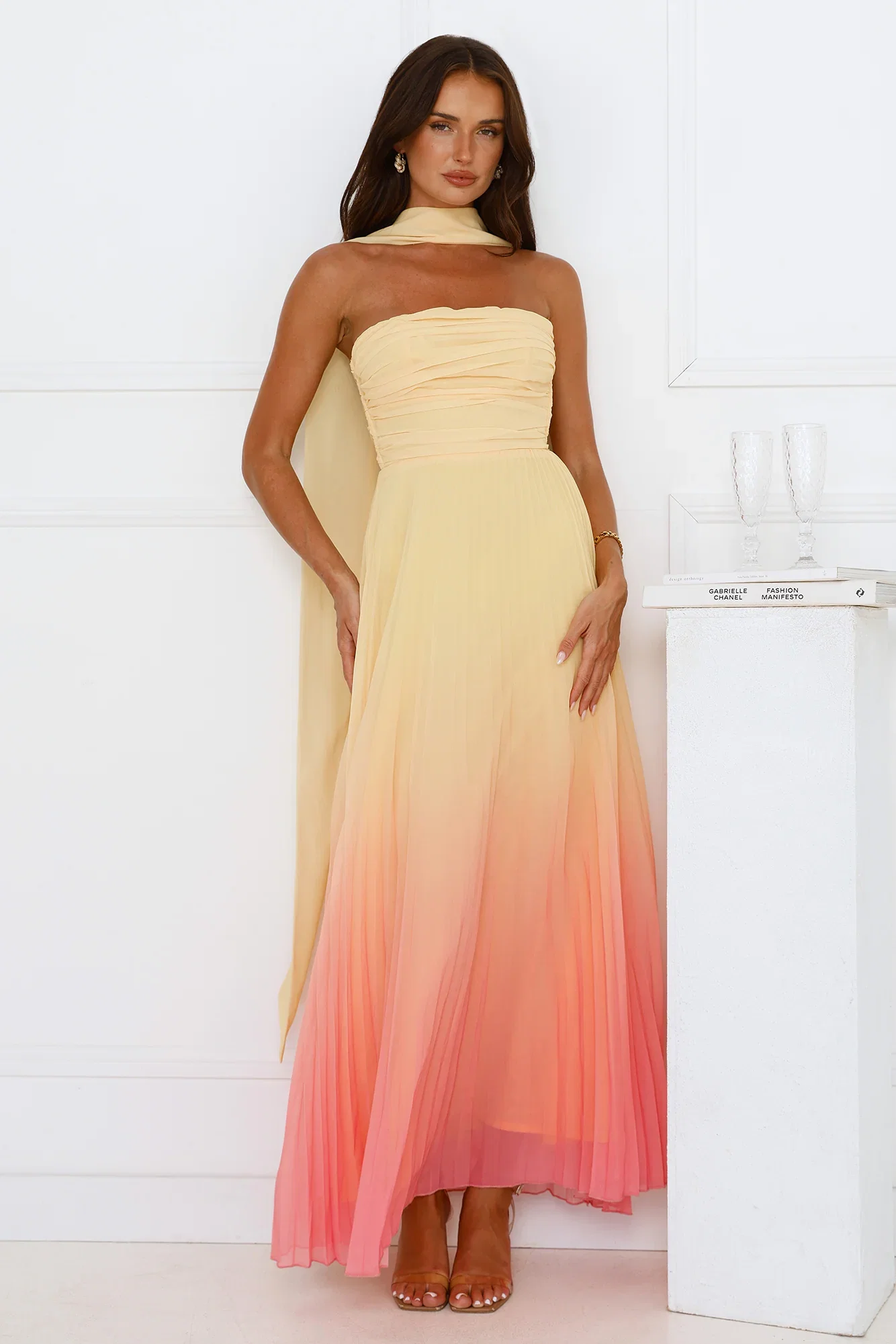 Image of Sunset Magic Strapless Pleated Maxi Dress Yellow