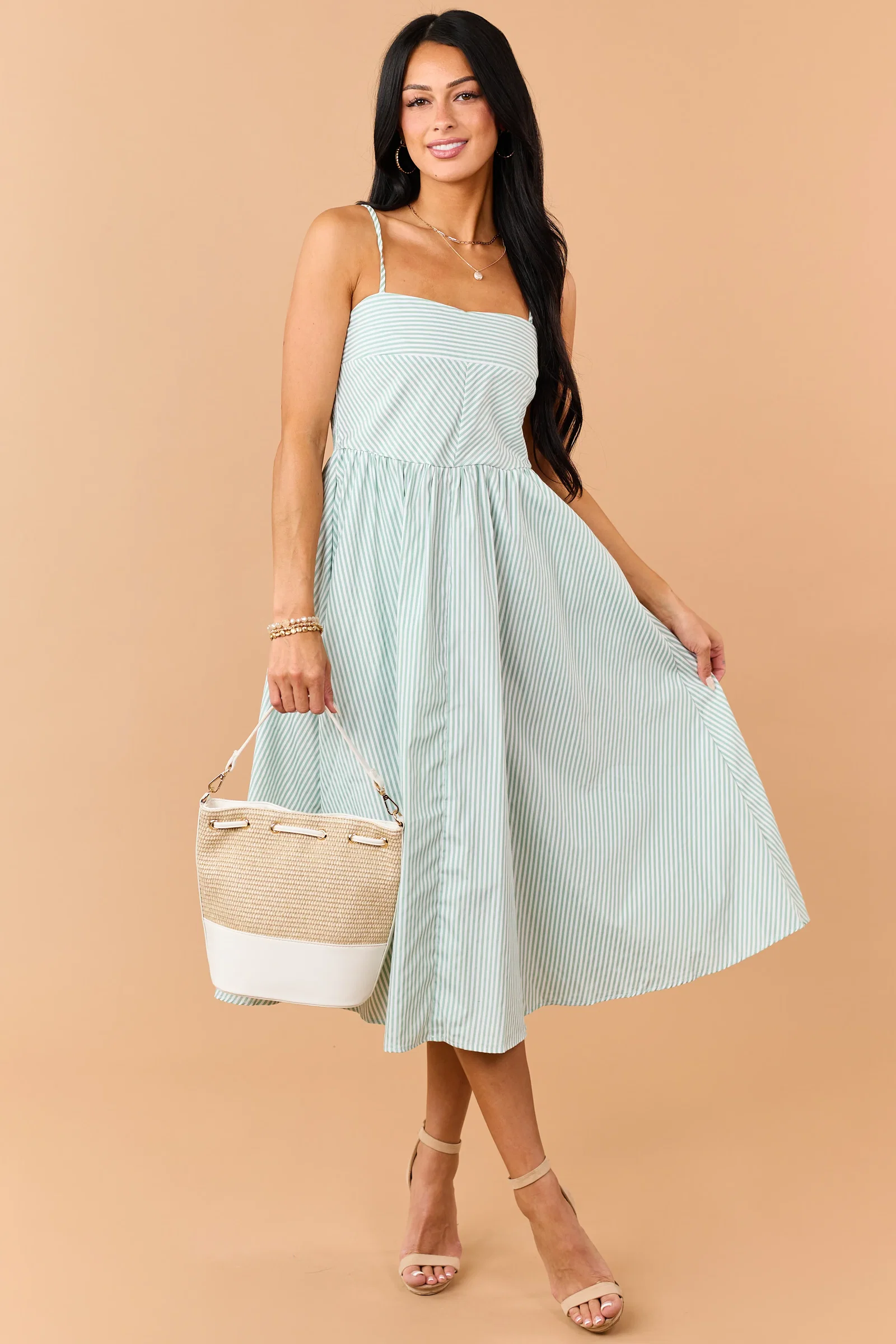 Image of Sage Striped Smocked Back Sleeveless Midi Dress