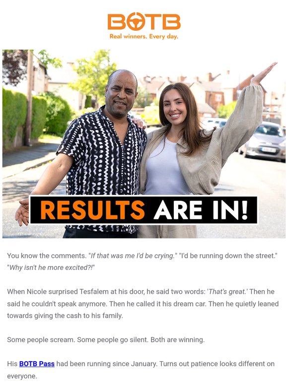 "That's great." 😐 (just won his Dream Car)