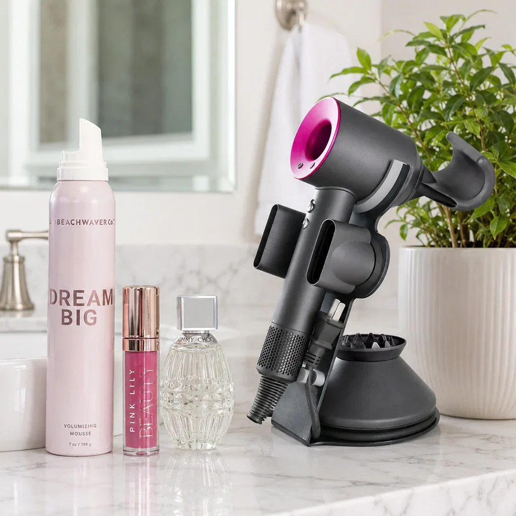 Beauty products and hair styling tool displayed on marble counter with potted plant and bathroom mirror in background