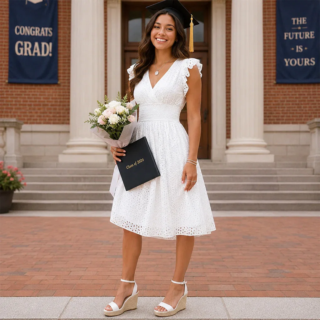 Graduate in white eyelet dress holding diploma and flowers in front of brick building with congratulations banners.