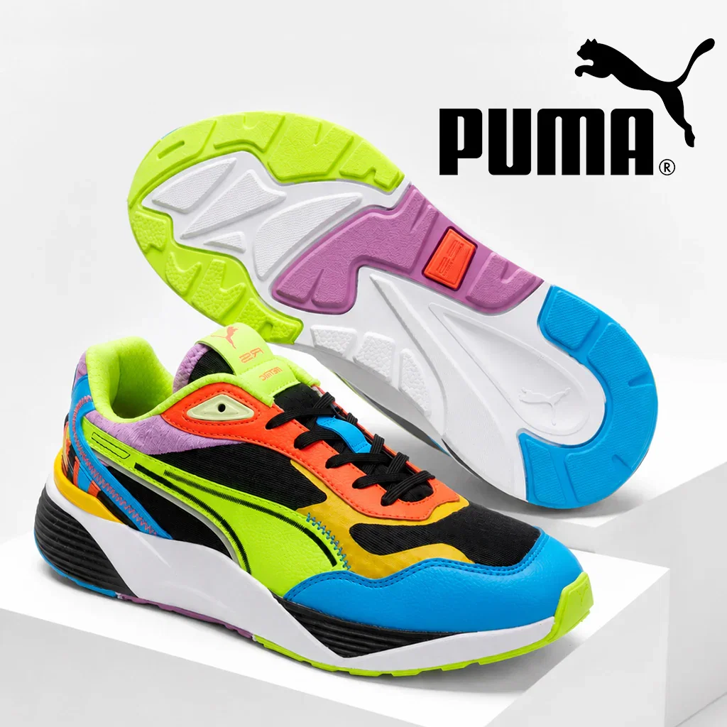Colorful PUMA running shoe displayed with sole view, featuring neon yellow, blue, purple, and orange accents with black laces.