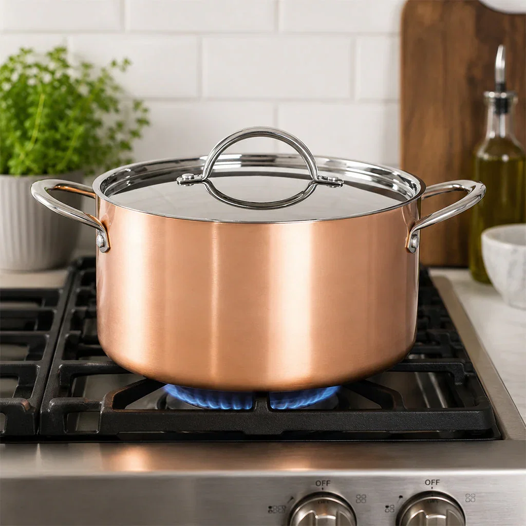 Copper cookware pot with glass lid on gas stovetop in modern kitchen setting