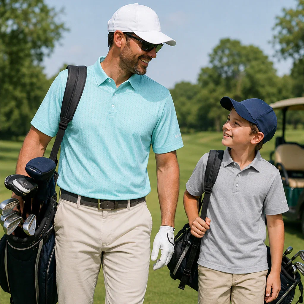 A man and boy walk together on a golf course carrying golf bags, both wearing polo shirts and caps.