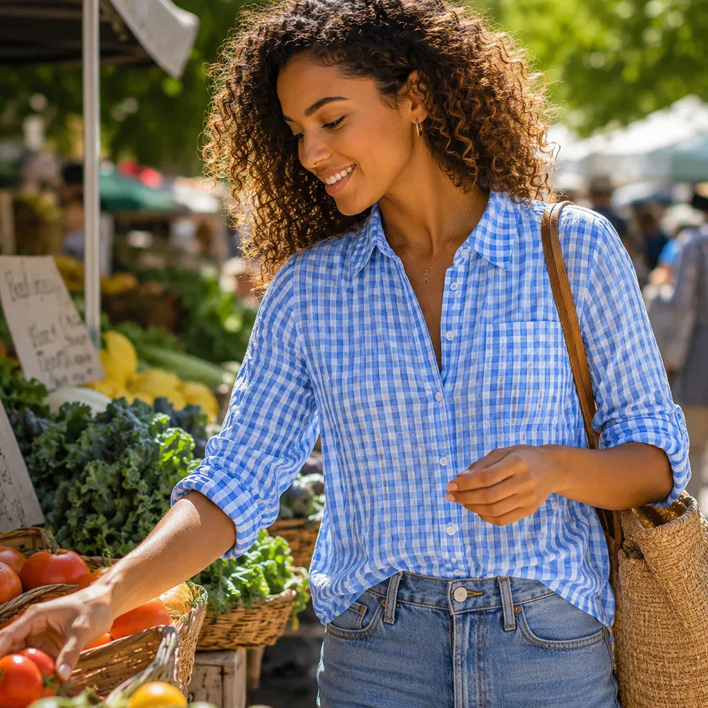 Woman in blue gingham shirt shopping at farmers market, selecting fresh vegetables from produce stand
