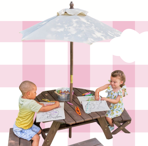 kids coloring on KidKraft picnic table