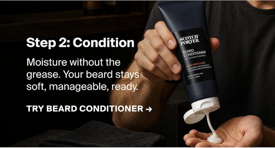 Step 2: Condition Moisture without the grease. Your beard stays soft, manageable, ready. TRY BEARD CONDITIONER ->