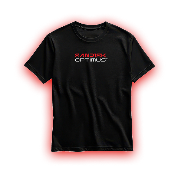 A black SANDISK OPTIMUS™ T Shirt outlined with a red glow on a black background.