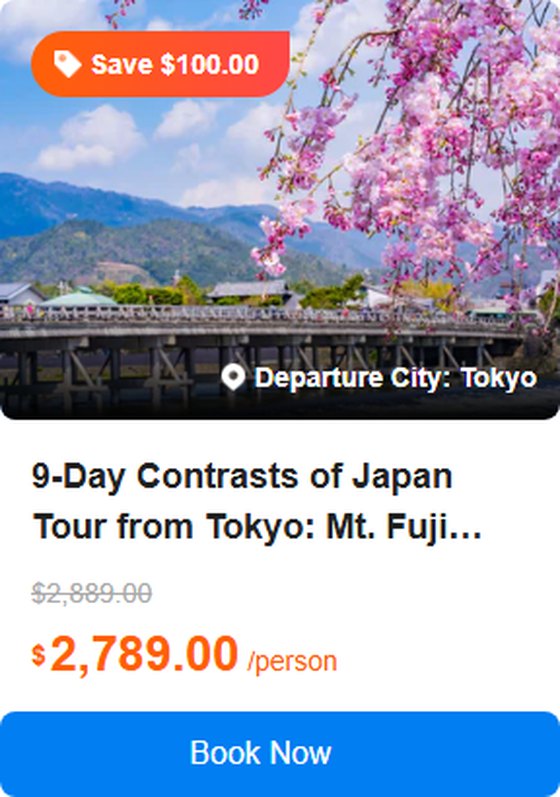 9-Day Contrasts of Japan Tour from Tokyo: Mt. Fuji Views, Kyoto Temples & Hiroshima History 4.7 (58 reviews) Tour Code: 671478