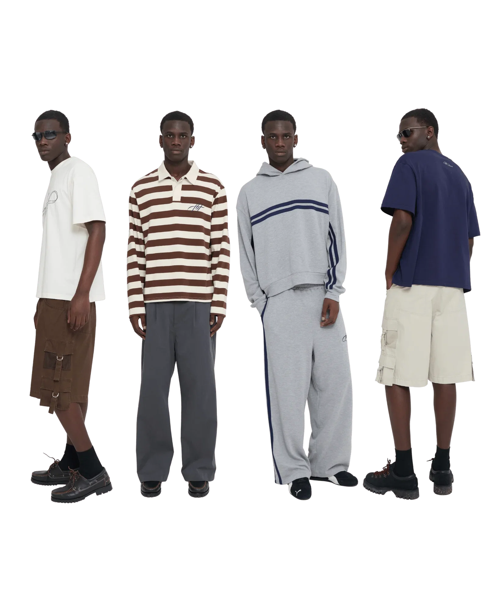 Four men stand in a line against a white background, each wearing a different outfit: the first wears a cream t-shirt with a graphic and brown cargo s...