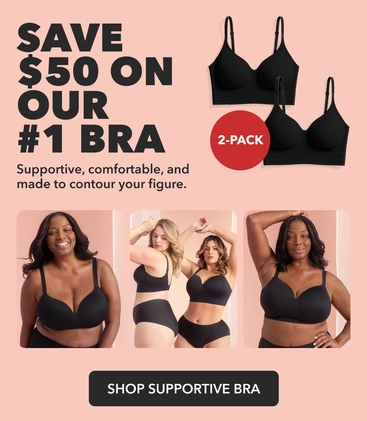 Truekind 2-Pack Supportive Comfort Wireless Shaping Bra
