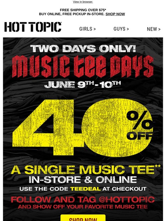Music Tee Days are BACK 🎶 40% off a single music tee