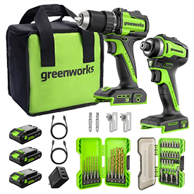 Greenworks 24V Drill and Impact Driver 2x2Ah Battery, 4Ah Battery, Charger