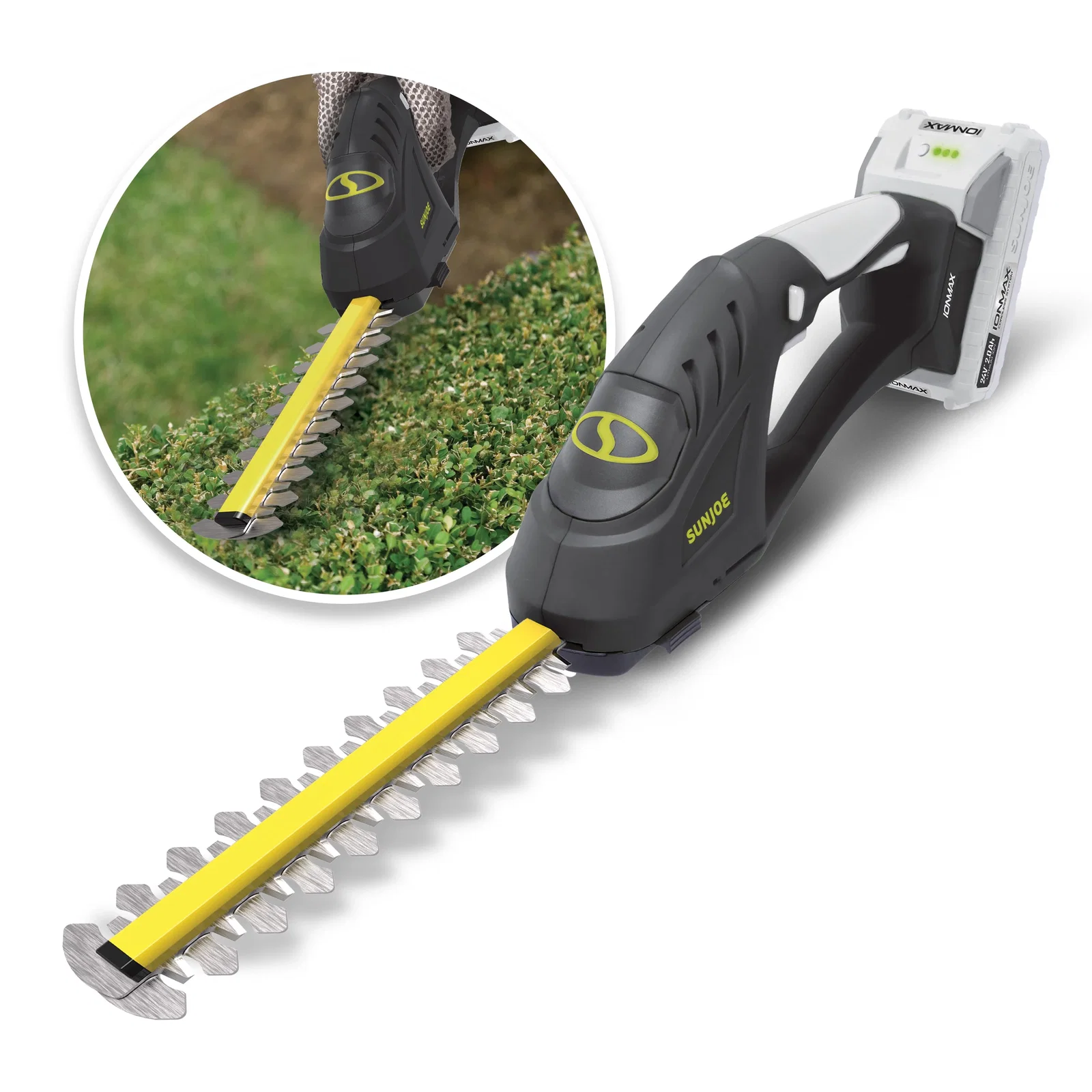 Image of Sun Joe 24-Volt* IONMAX Cordless Handheld Shrubber + Trimmer Kit | 7-Inch | W/ 2.0-Ah Battery + Charger
