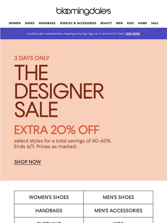 3 days only! Extra 20% off designer styles