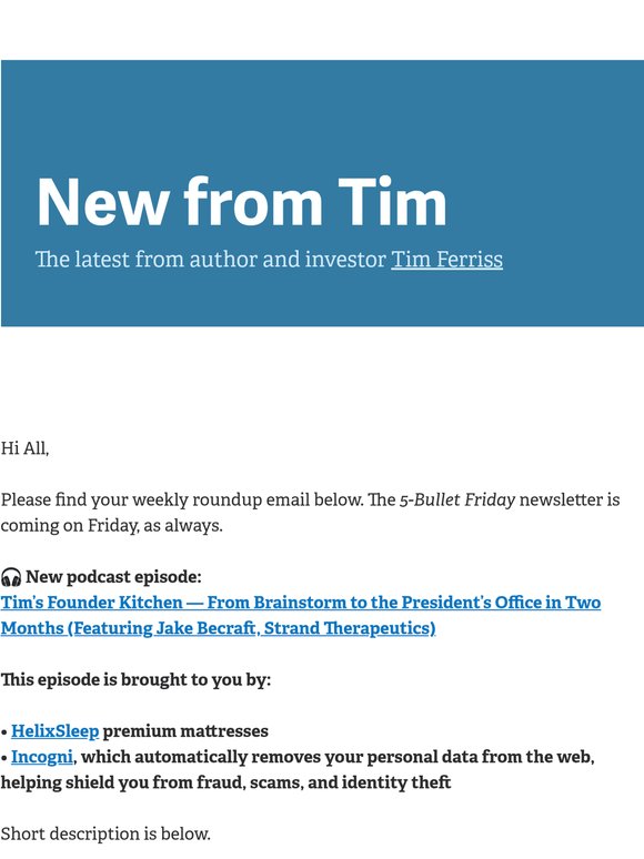 New from Tim — "Tim’s Founder Kitchen – Reimagining Biotech with Jake Becraft, Strand Therapeutics"