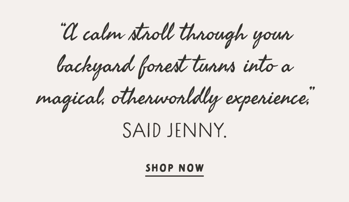 Text box with quote "A calm stroll through your backyard forest turns into a magical, otherworldly experience,” said Jenny."