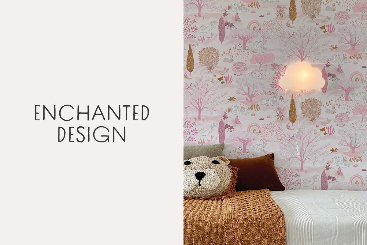Image of Into the Forest wallpaper in pink with text box "Enchanged Design"