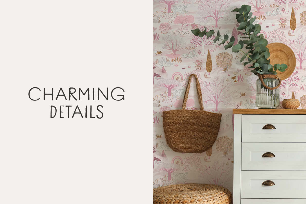 Image of Into the Forest wallpaper with text "Charming Details"