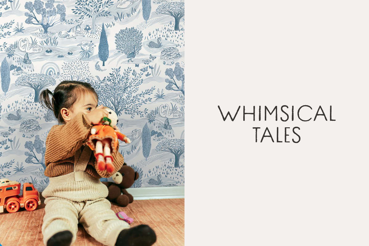 Image of Into the Forest wallpaper in blue with text "Whimsical Tales"