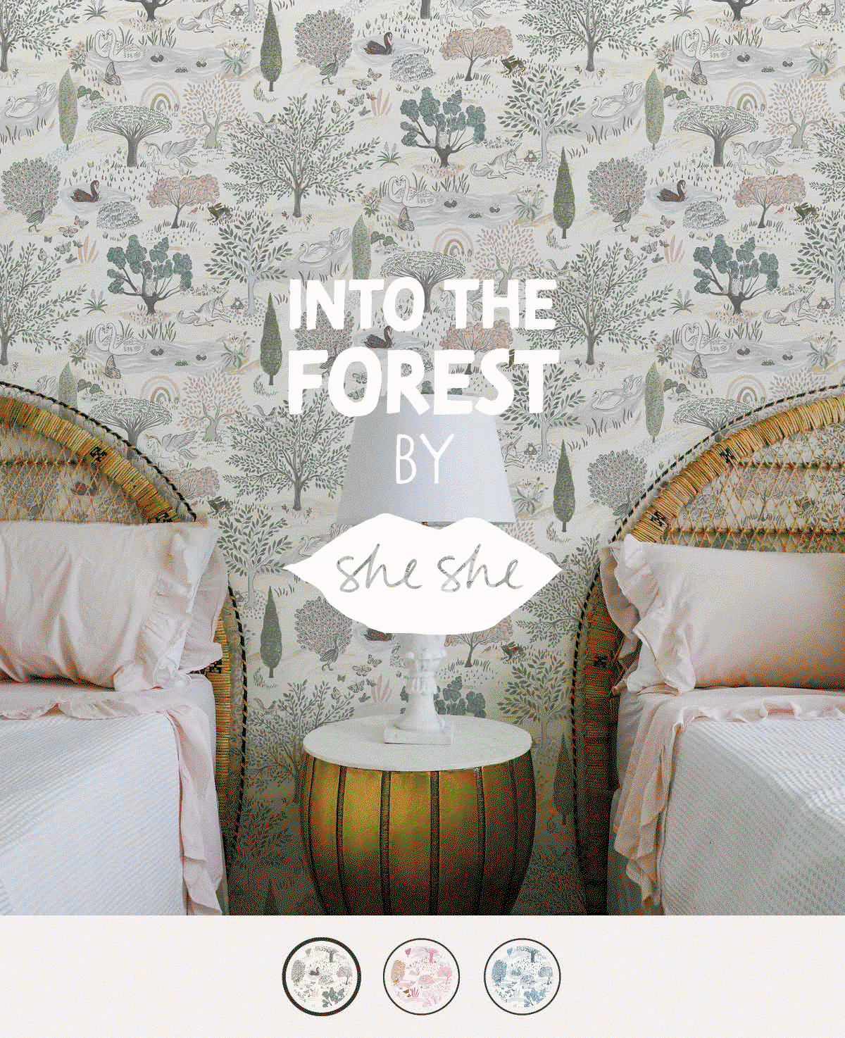 Gif image of Tempaper's new Into the Forest wallpaper x She She. Text overlay "Into the Forest by She She"