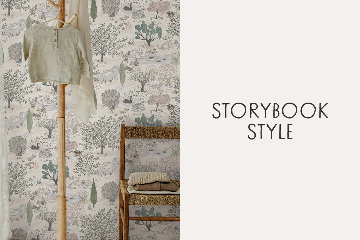 Image of Into the Forest wallpaper in green with text box "Storybook Style"