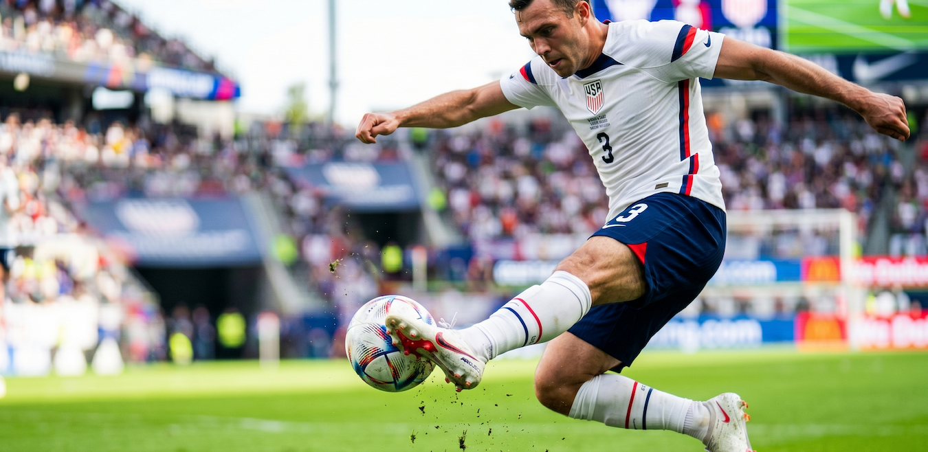 A USMNT player kicking the ball
