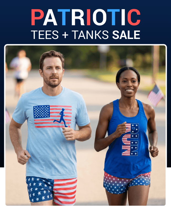 Patriotic tees and tanks sale featuring two runners wearing USA-themed apparel and American flag shorts during an outdoor run.