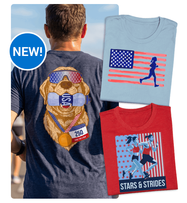New patriotic running shirts featuring a USA dog design, flag runner graphic, and Stars & Strides artwork.
