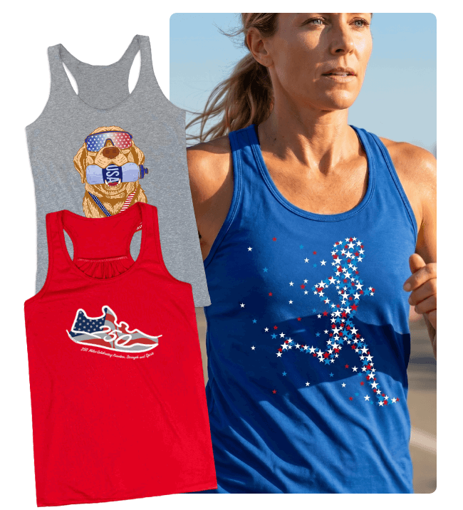Patriotic running tanks featuring USA-themed designs, including a dog graphic, running shoe artwork, and star runner silhouette.