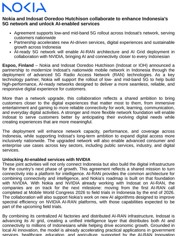 Nokia and Indosat Ooredoo Hutchison collaborate to enhance Indonesia’s 5G network and unlock AI-enabled services