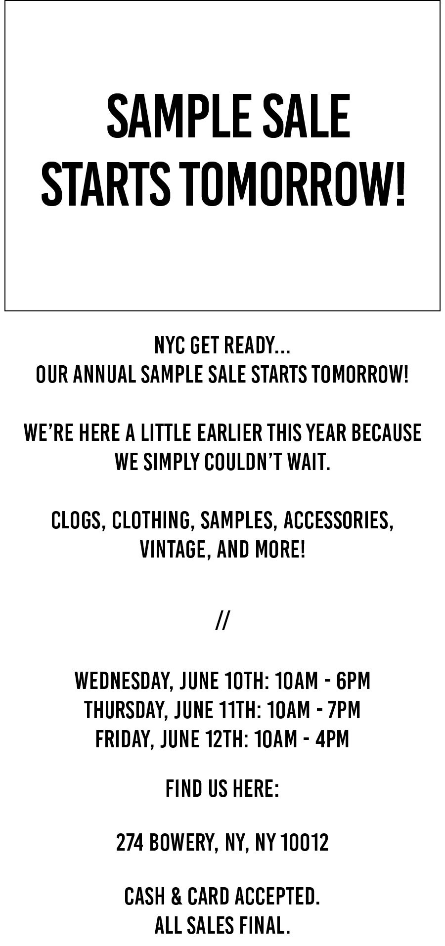 SAMPLE SALE STARTS TOMORROW!