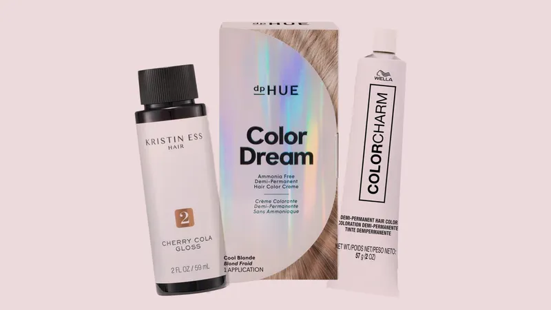 A collage of Kristin Ess, DpHue, and Wella hair color products on a pastel pink background