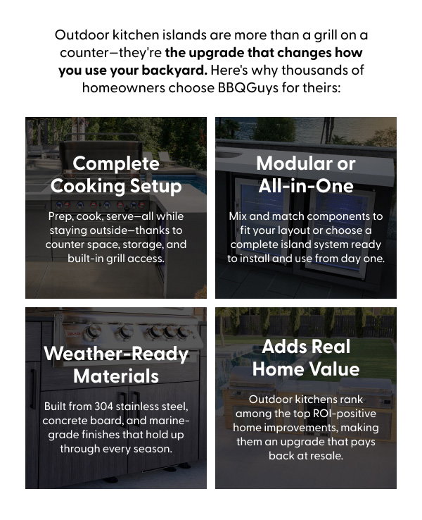 Complete Cooking Setup. Modular or All-in-One. Weather-Ready Materials. Adds Real Home Value.